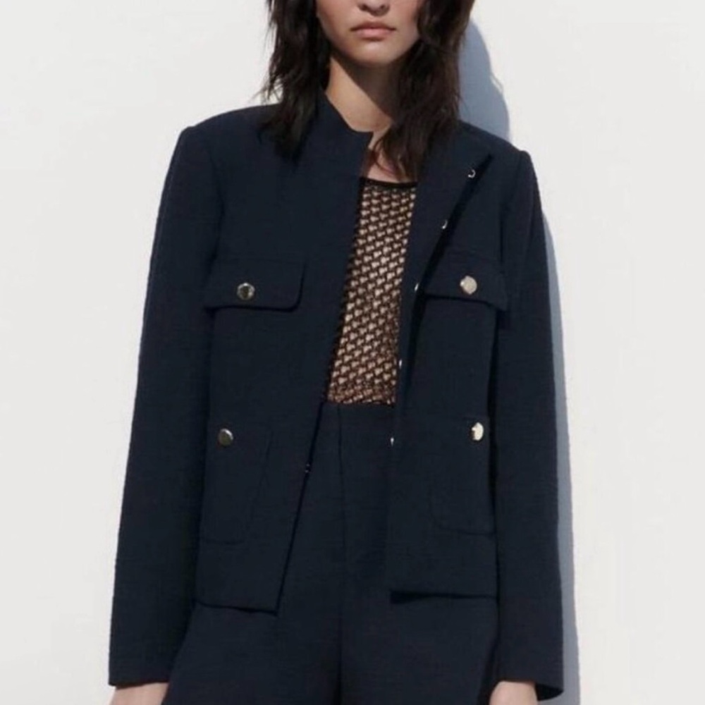 ZARA Textured High Collar Blazer Navy Blue Size M